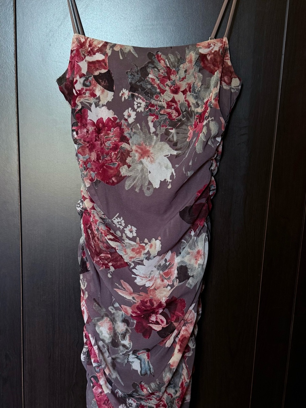 Windsor Plum Floral Ruched Midi Dress with Red & Cream Accents